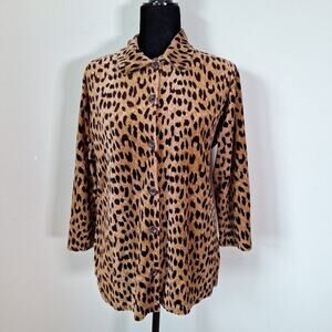 Vintage 90s Velour Cheetah Leopard Print Button Up Blouse  Size Petite Small
